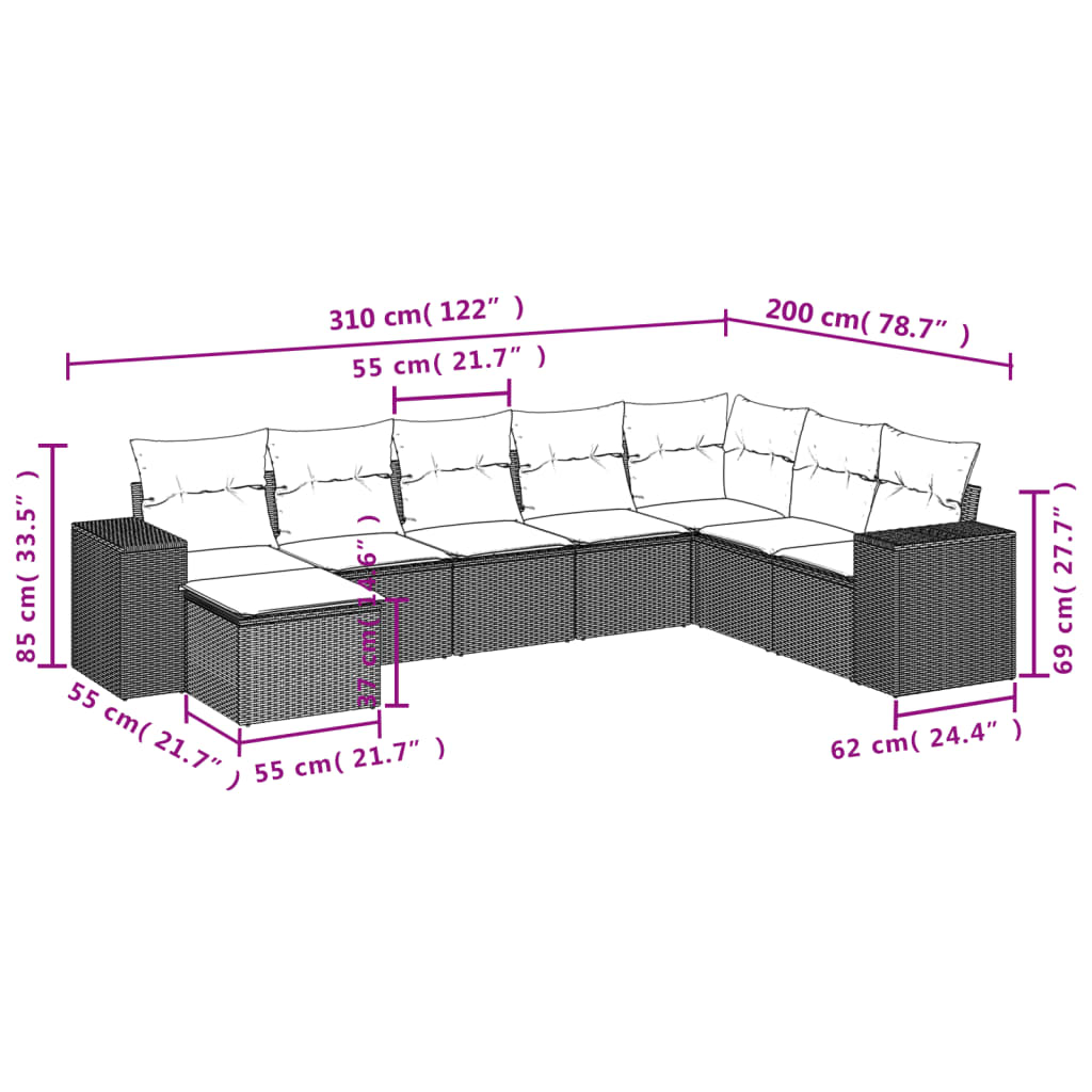 8-teiliges Gartensofa-Set mit Kissen, schwarzes Polyrattan