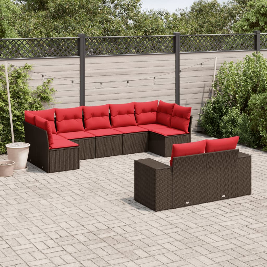 9-teiliges Gartensofa-Set mit Kissen, braun, Polyrattan