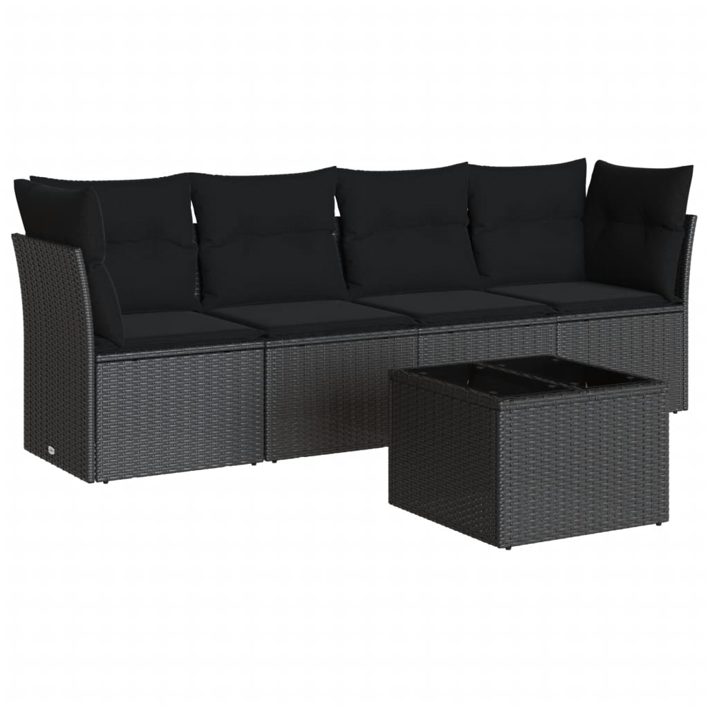 5-piece garden sofa set with cushions, black poly rattan