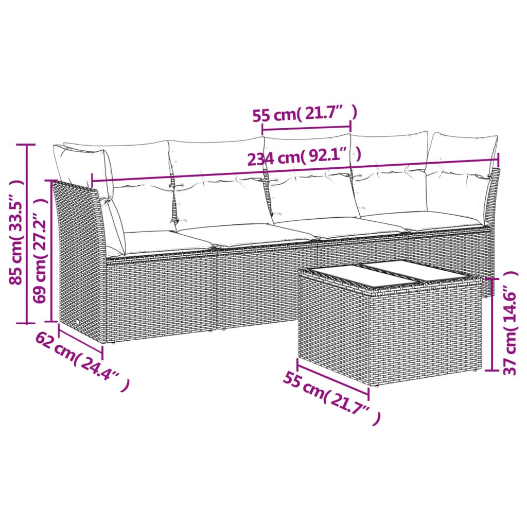 5-piece garden sofa set with cushions, black poly rattan