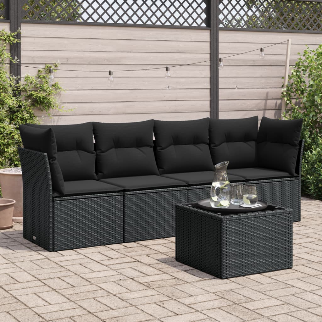 5-piece garden sofa set with cushions, black poly rattan