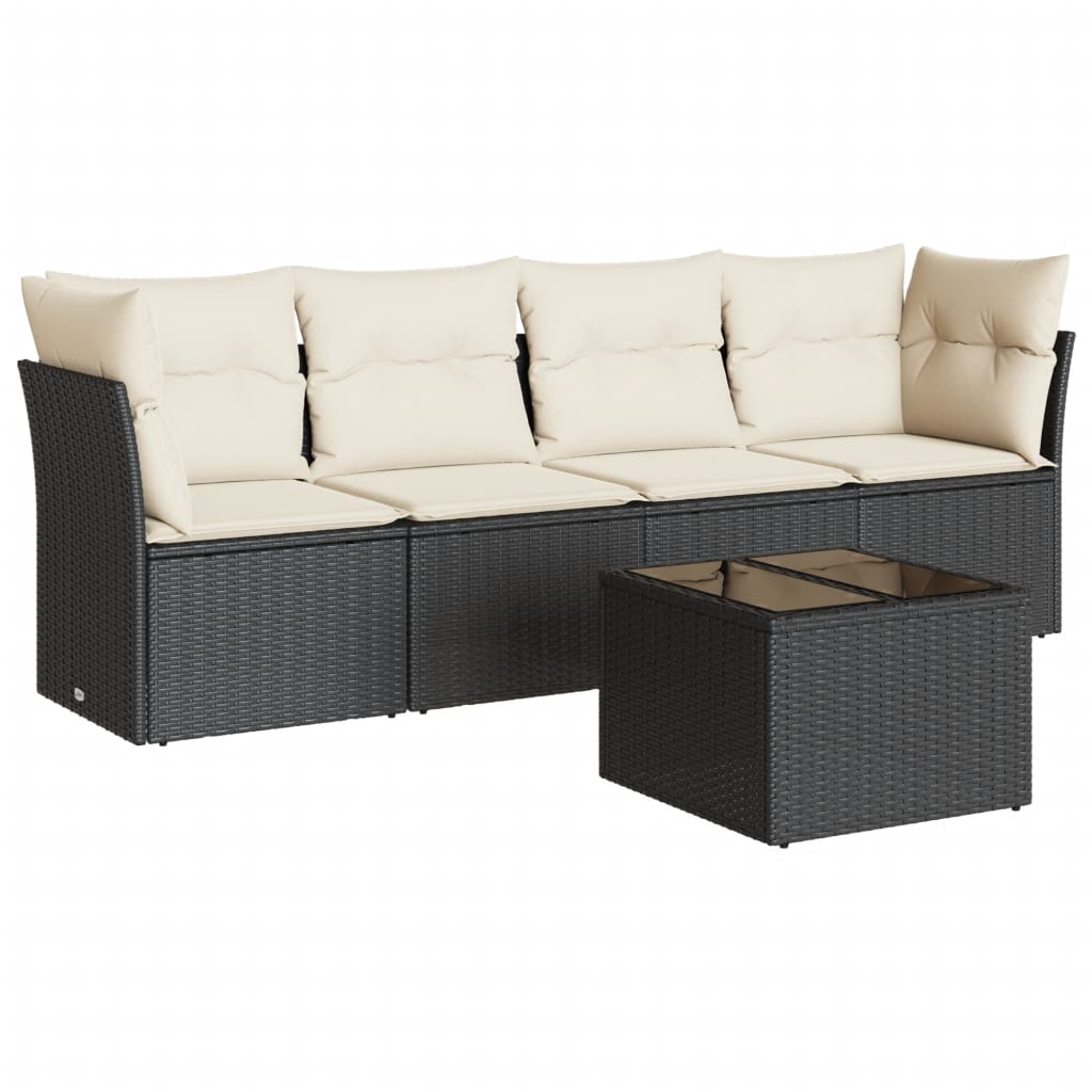 5-piece garden sofa set with cushions, black poly rattan