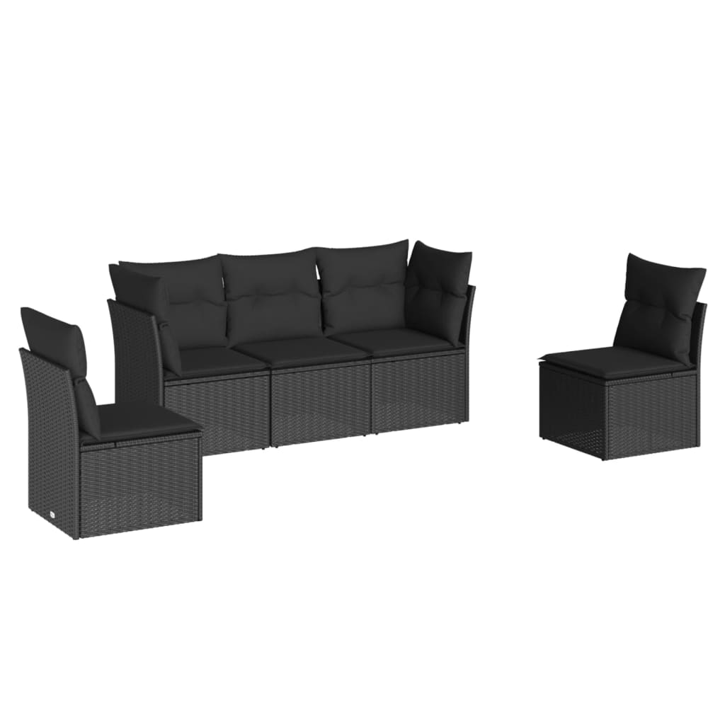 5-piece garden sofa set with cushions, black poly rattan