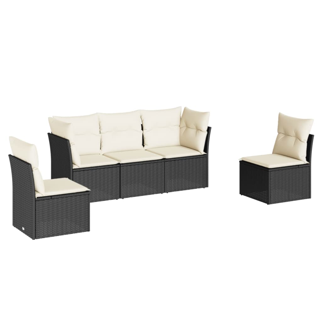 5-piece garden sofa set with cushions, black poly rattan