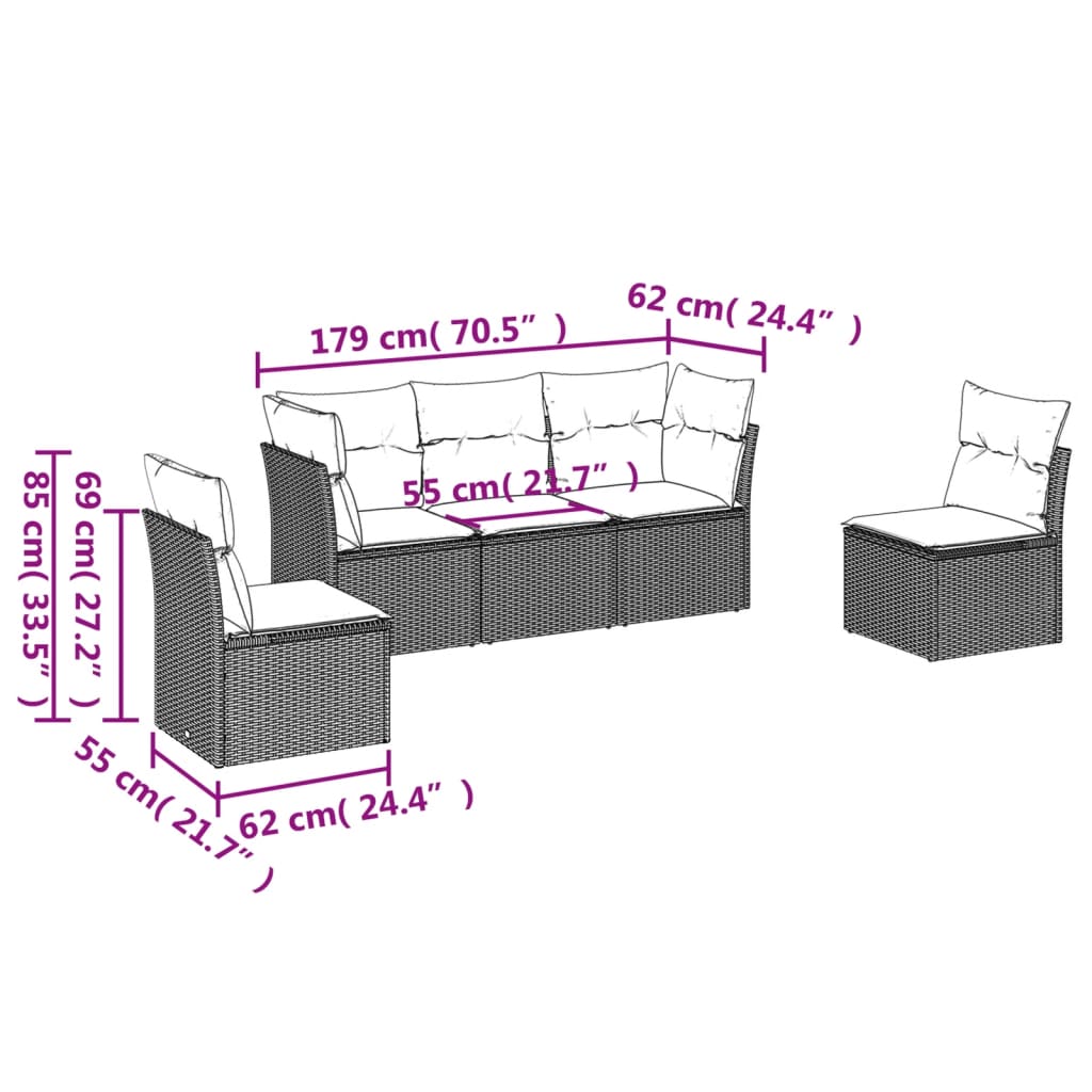 5-piece garden sofa set with cushions, black poly rattan