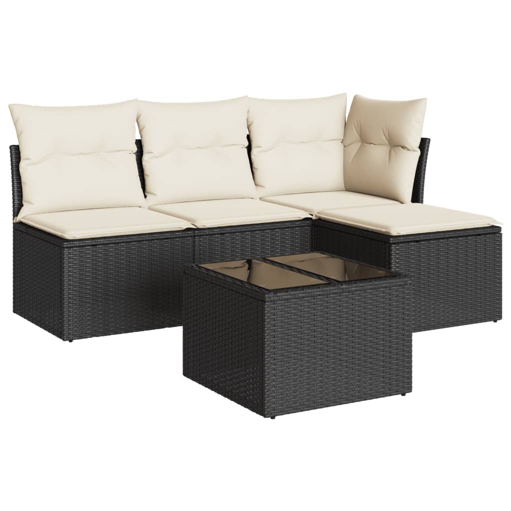 5-piece garden sofa set with cushions, black poly rattan