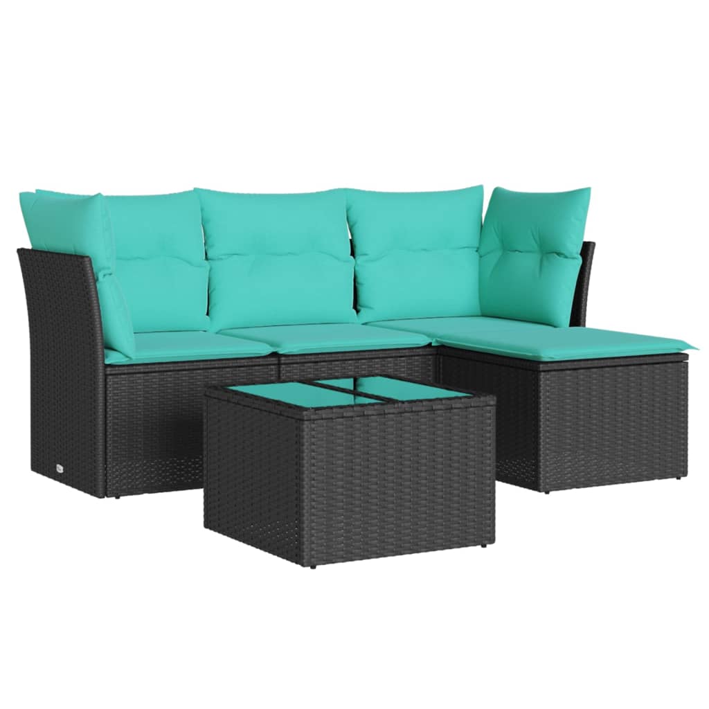5-tlg. Garten-Sofagarnitur mit Kissen Schwarz Poly Rattan
