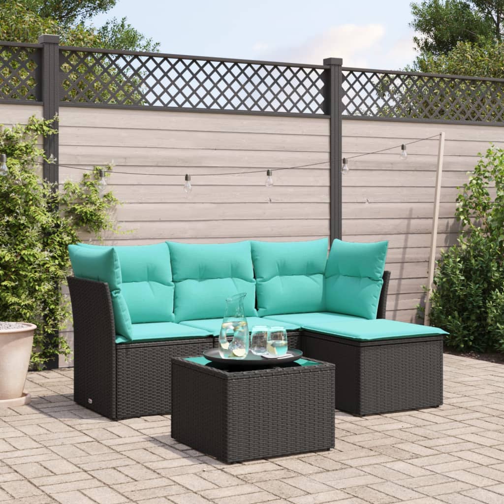 5-tlg. Garten-Sofagarnitur mit Kissen Schwarz Poly Rattan