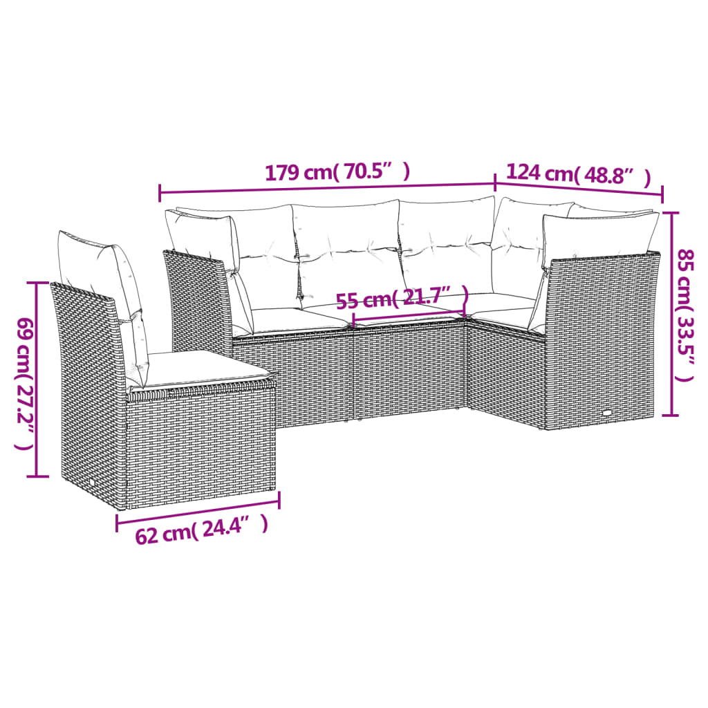 5-piece garden sofa set with cushions, black poly rattan