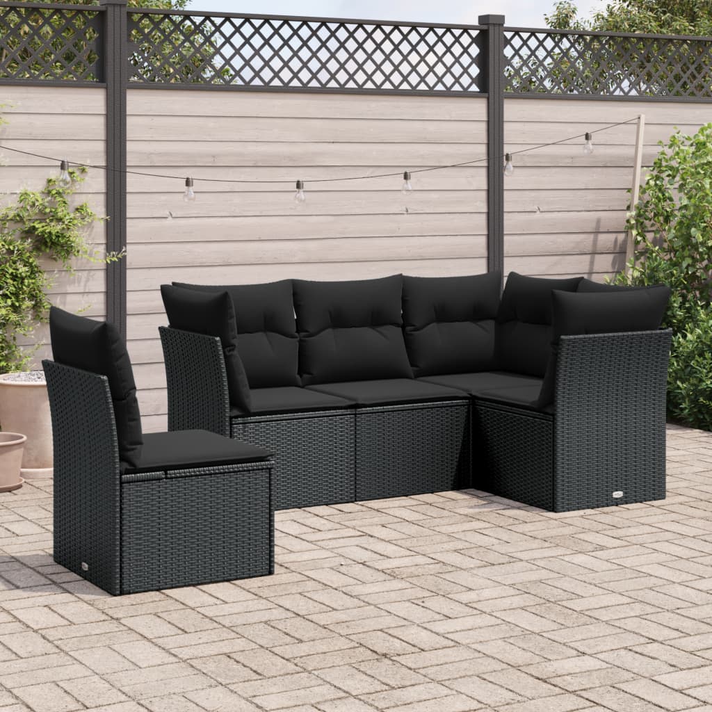 5-piece garden sofa set with cushions, black poly rattan