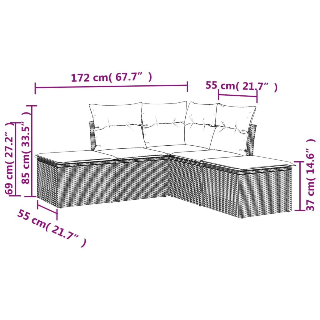 5-piece garden sofa set with cushions, black poly rattan