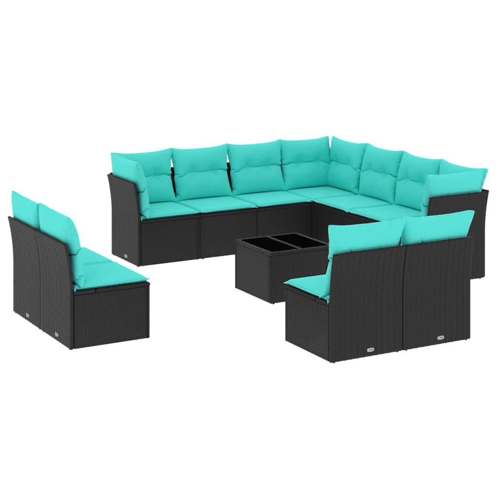 12-teiliges Gartensofa-Set mit Kissen, schwarzes Polyrattan