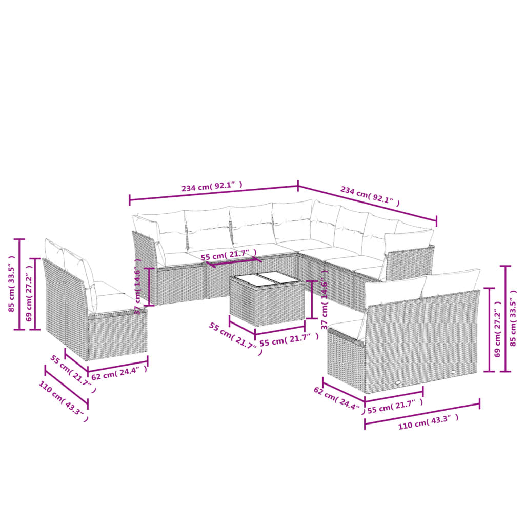 12-teiliges Gartensofa-Set mit Kissen, schwarzes Polyrattan