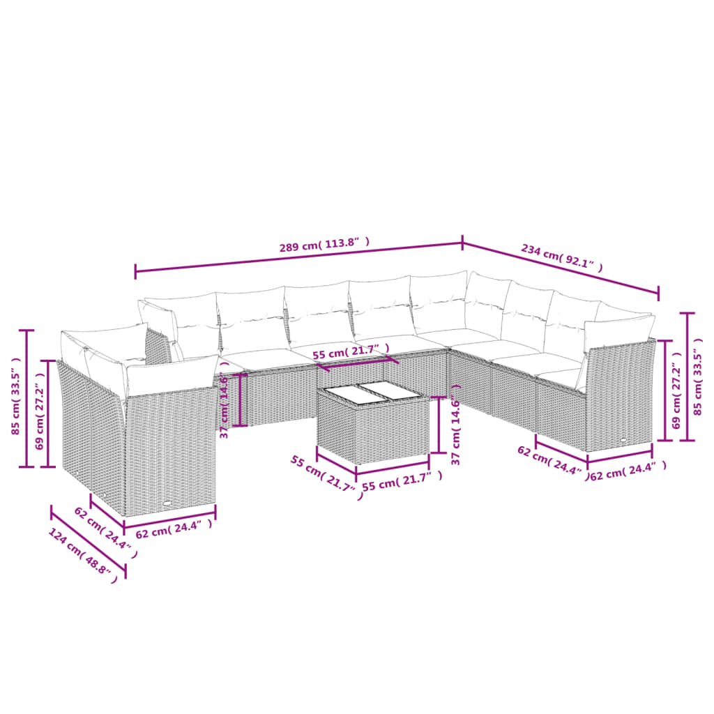 11-teiliges Gartensofa-Set mit Kissen, schwarzes Polyrattan