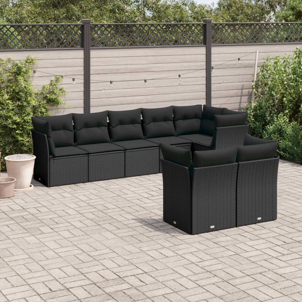 Ensemble de canapés de jardin 8 pièces avec coussins, en polyrotin noir
