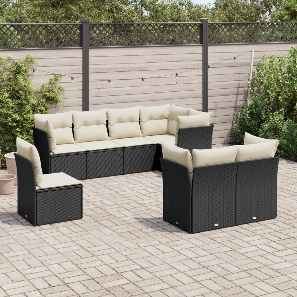 Ensemble de canapés de jardin 8 pièces avec coussins, en polyrotin noir