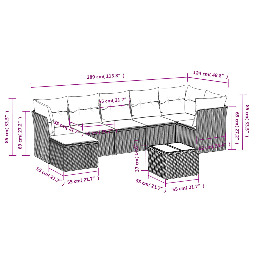 Ensemble de canapés de jardin 8 pièces avec coussins, en polyrotin noir