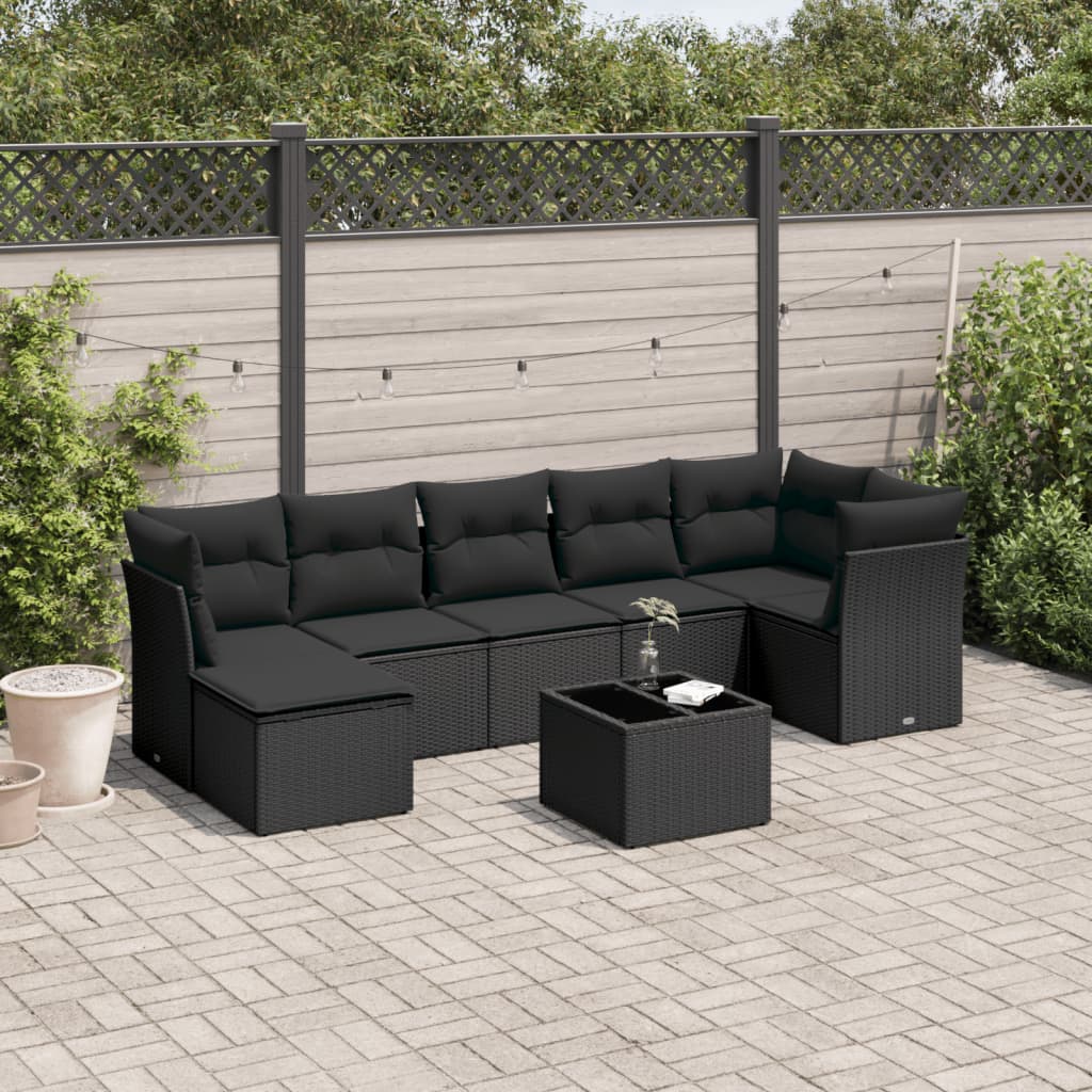Ensemble de canapés de jardin 8 pièces avec coussins, en polyrotin noir