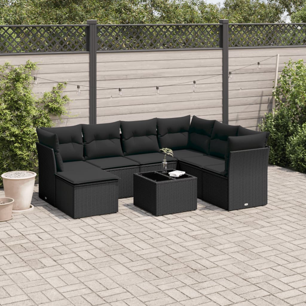 Ensemble de canapés de jardin 8 pièces avec coussins, en polyrotin noir