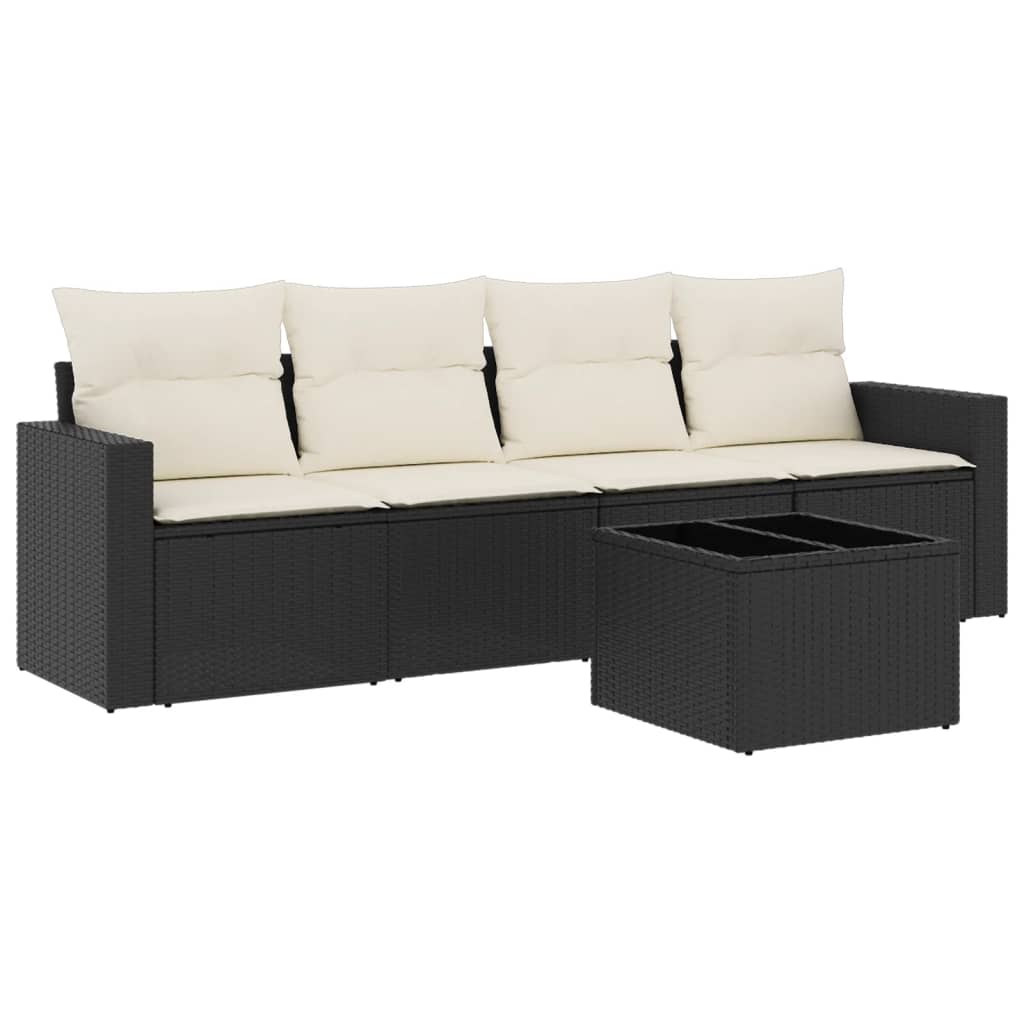 5-piece garden sofa set with cushions, black poly rattan