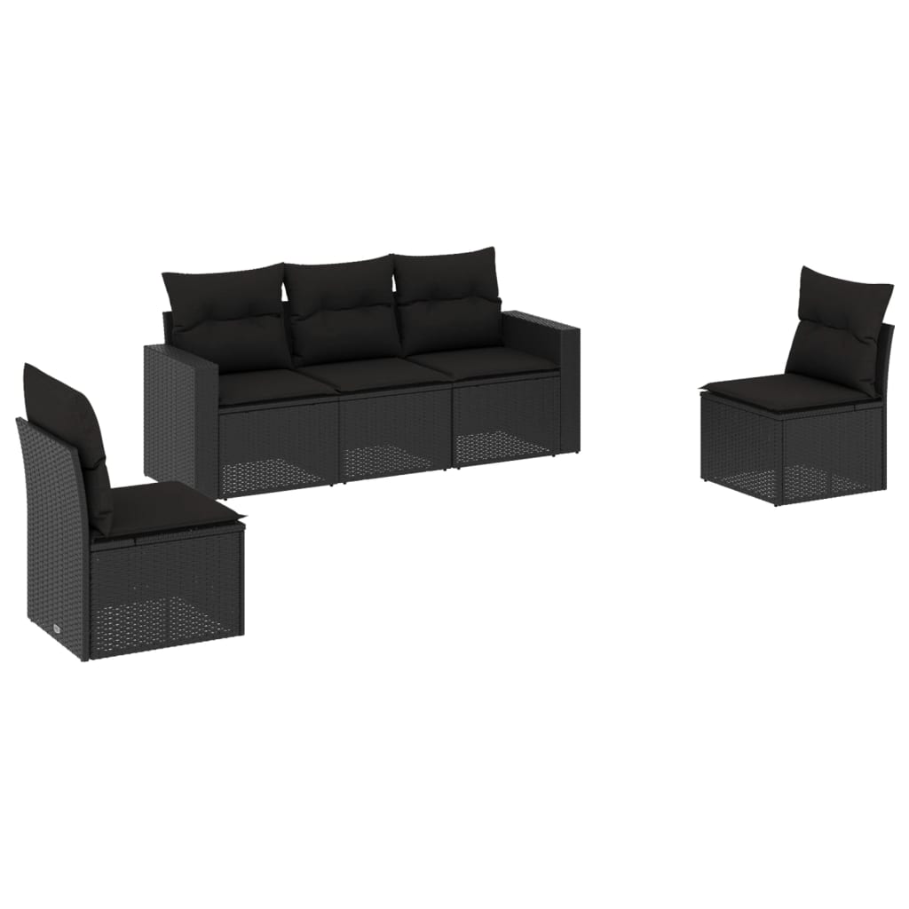 5-piece garden sofa set with cushions, black poly rattan
