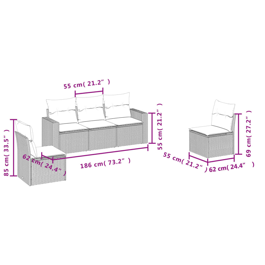 5-piece garden sofa set with cushions, black poly rattan
