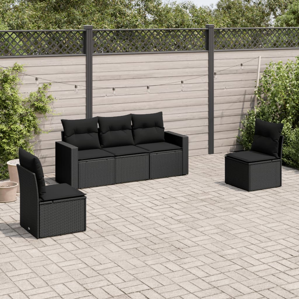 5-piece garden sofa set with cushions, black poly rattan