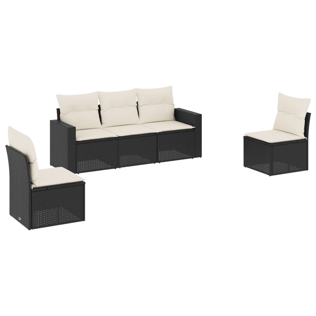 5-piece garden sofa set with cushions, black poly rattan