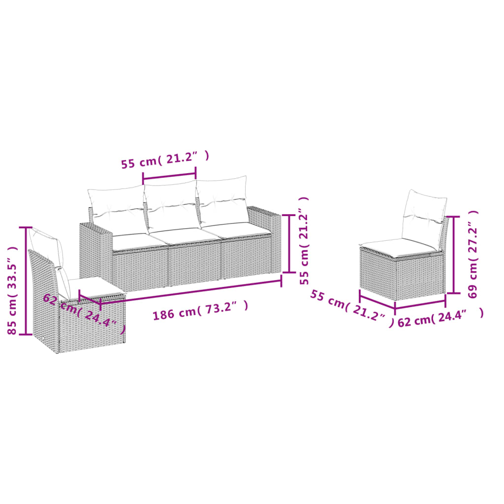 5-piece garden sofa set with cushions, black poly rattan
