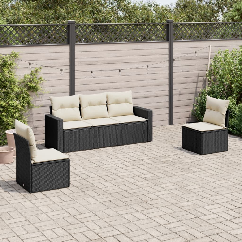 5-piece garden sofa set with cushions, black poly rattan