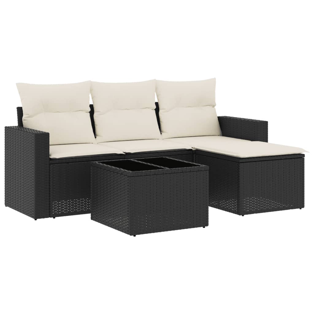 5-piece garden sofa set with cushions, black poly rattan
