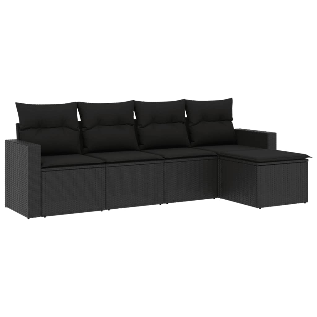 5-piece garden sofa set with cushions, black poly rattan