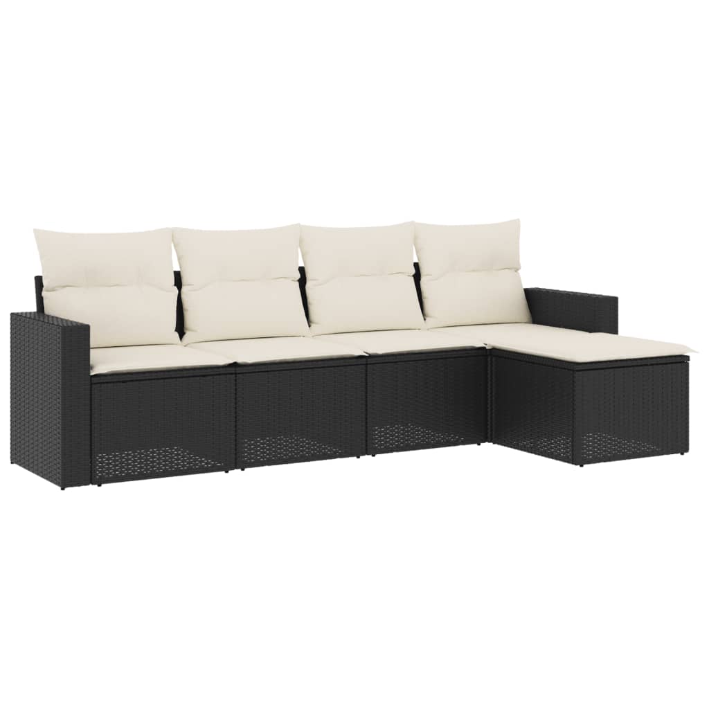 5-piece garden sofa set with cushions, black poly rattan