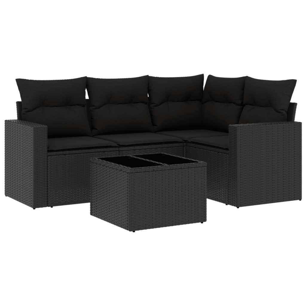 5-piece garden sofa set with cushions, black poly rattan