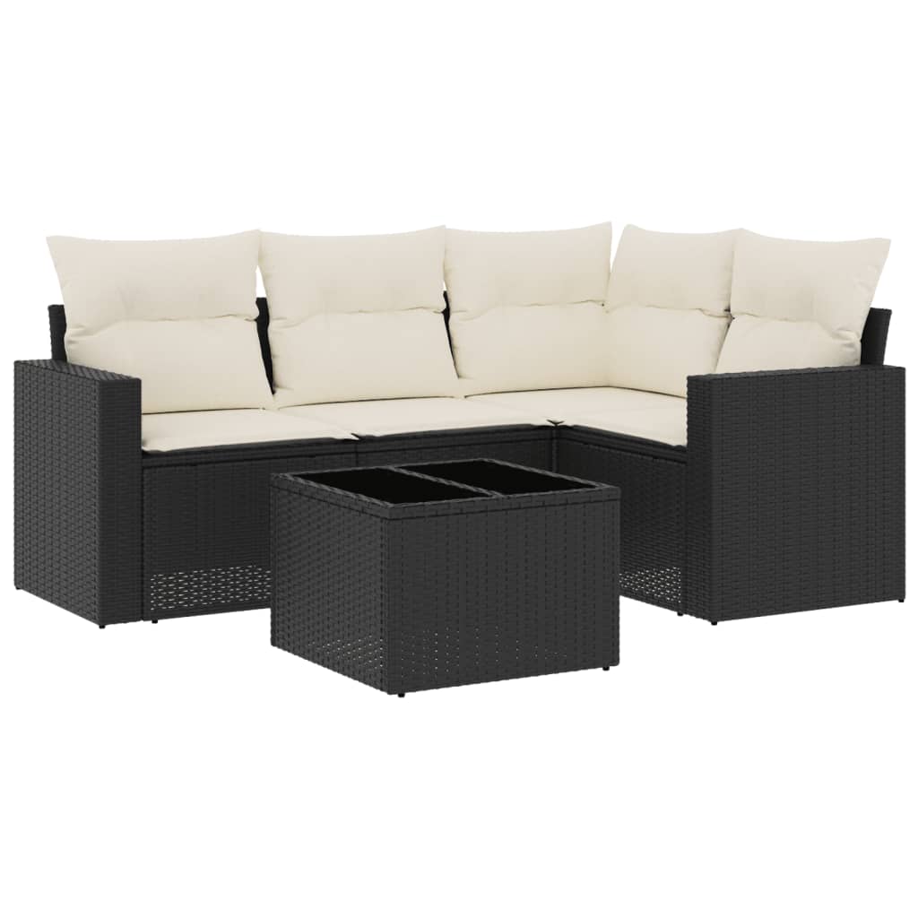 5-piece garden sofa set with cushions, black poly rattan