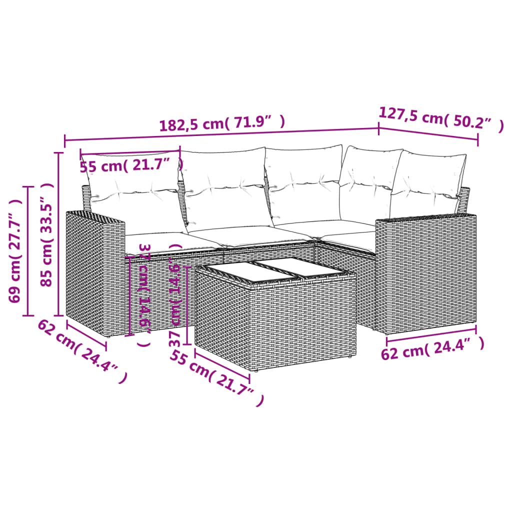 5-piece garden sofa set with cushions, black poly rattan