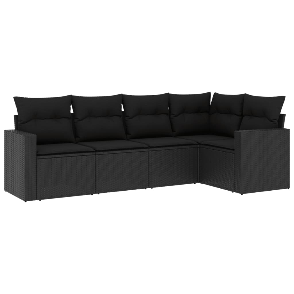 5-piece garden sofa set with cushions, black poly rattan