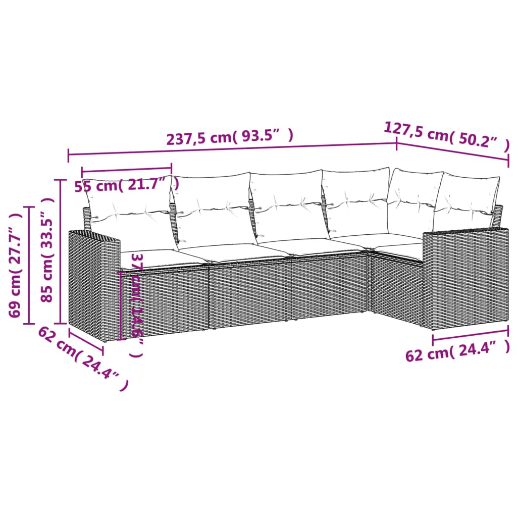 5-piece garden sofa set with cushions, black poly rattan