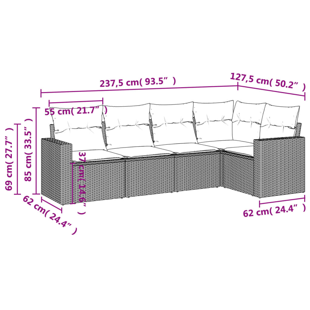5-piece garden sofa set with cushions, black poly rattan
