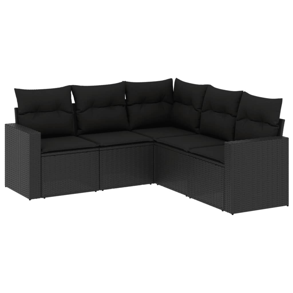 5-piece garden sofa set with cushions, black poly rattan