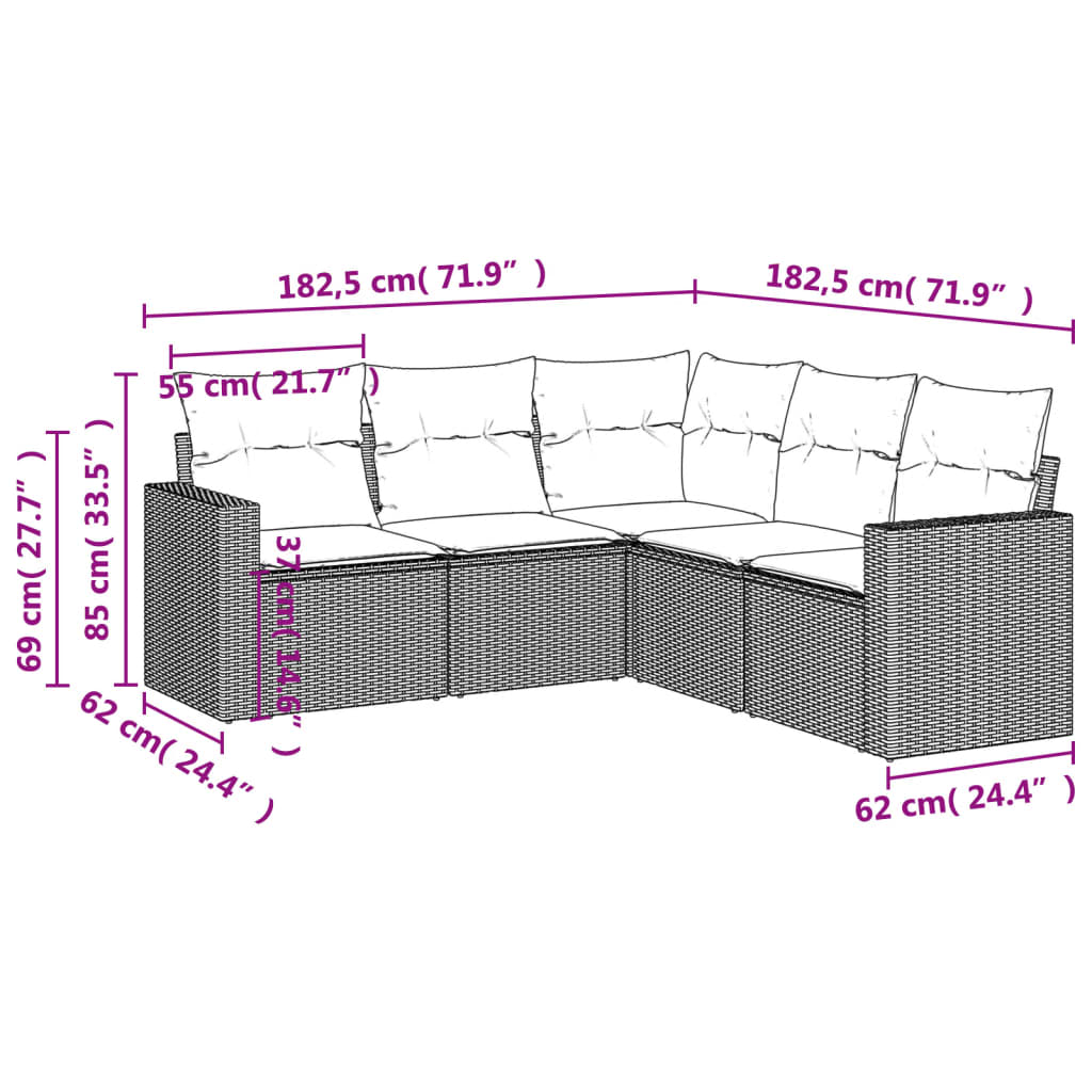 5-piece garden sofa set with cushions, black poly rattan
