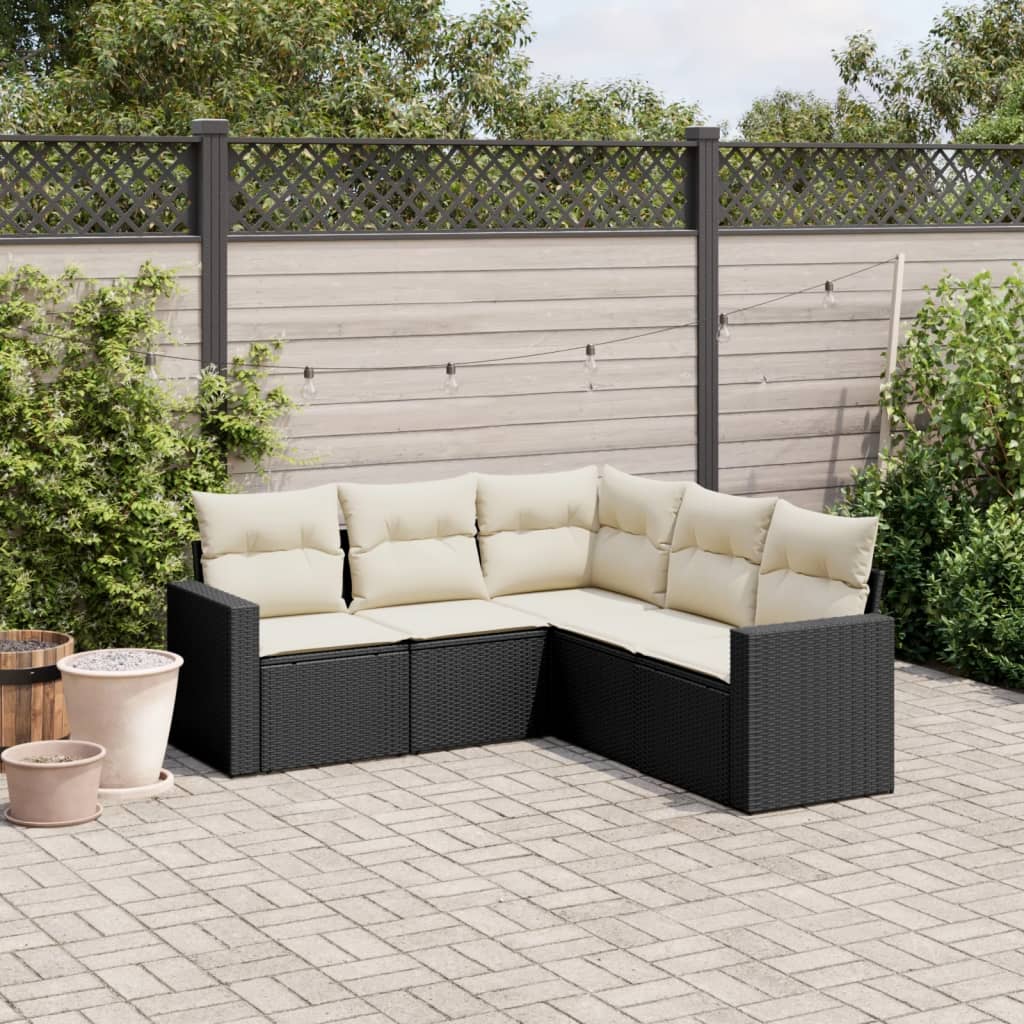 5-piece garden sofa set with cushions, black poly rattan