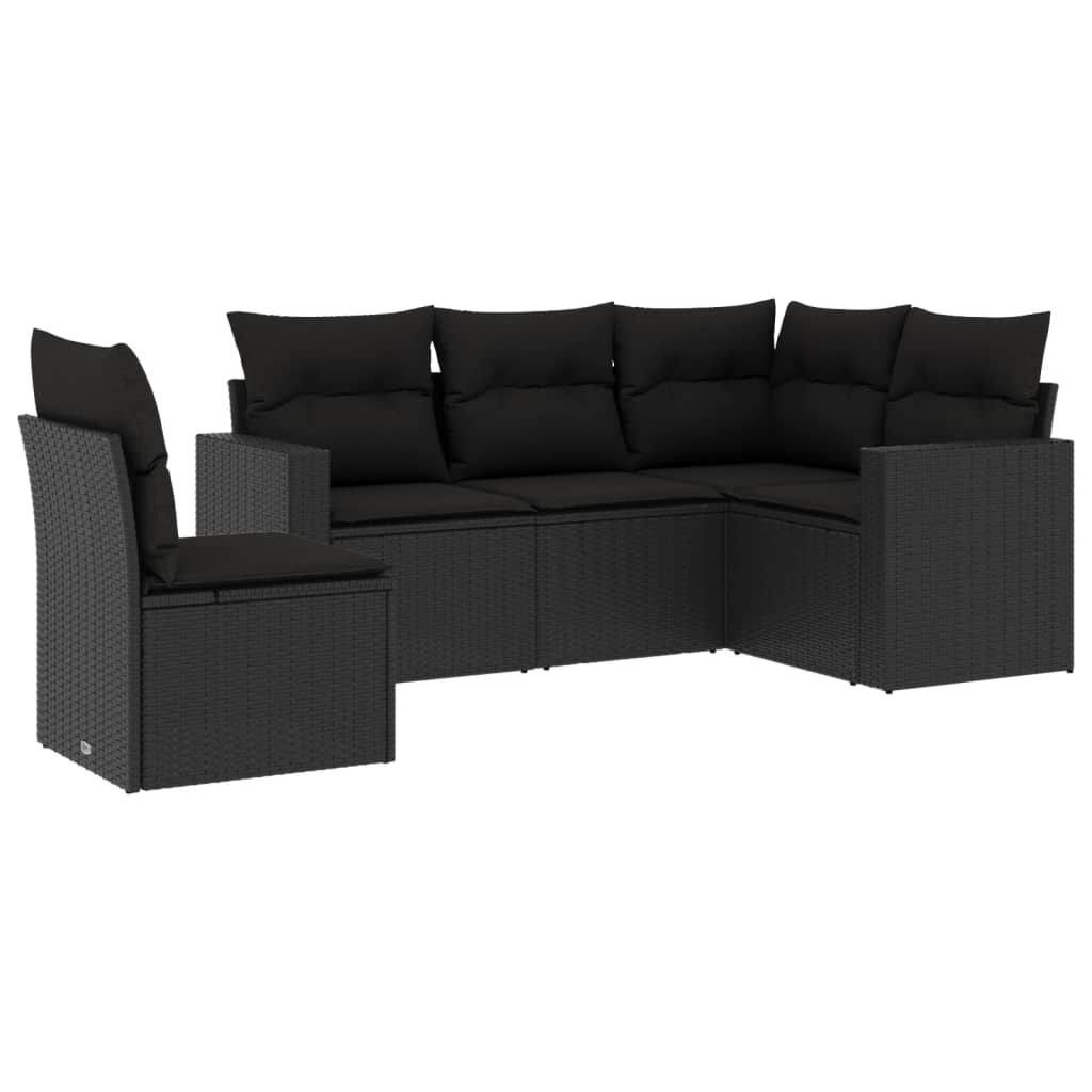 5-piece garden sofa set with cushions, black poly rattan
