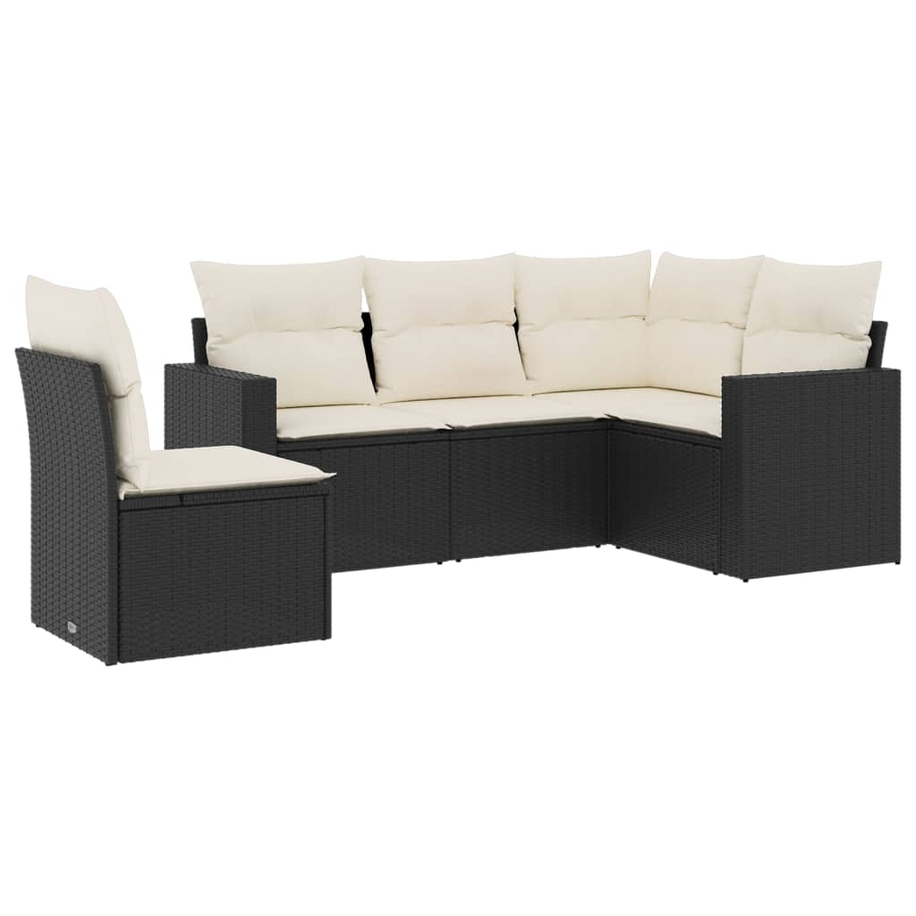 5-piece garden sofa set with cushions, black poly rattan