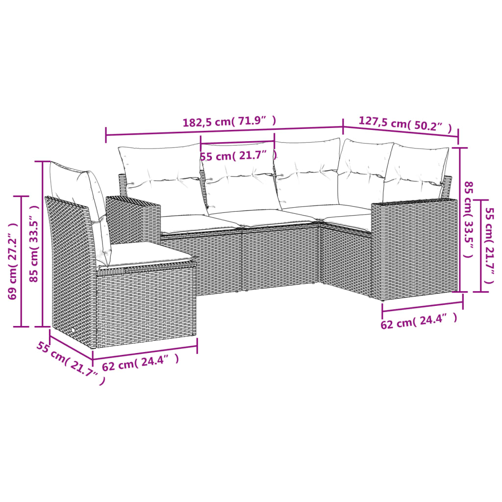 5-piece garden sofa set with cushions, black poly rattan