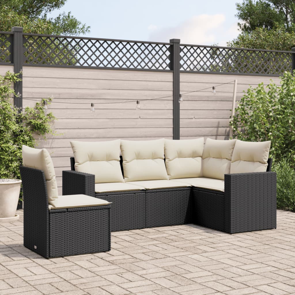 5-piece garden sofa set with cushions, black poly rattan