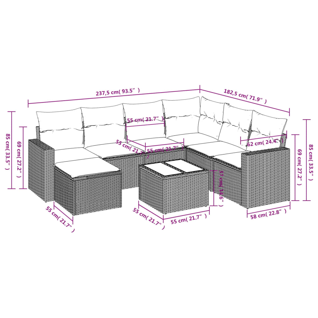 Ensemble de canapés de jardin 8 pièces avec coussins, en polyrotin noir