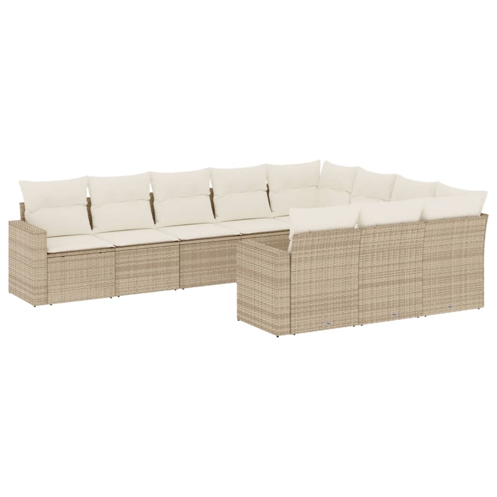 10-piece garden sofa set with cushions, beige poly rattan