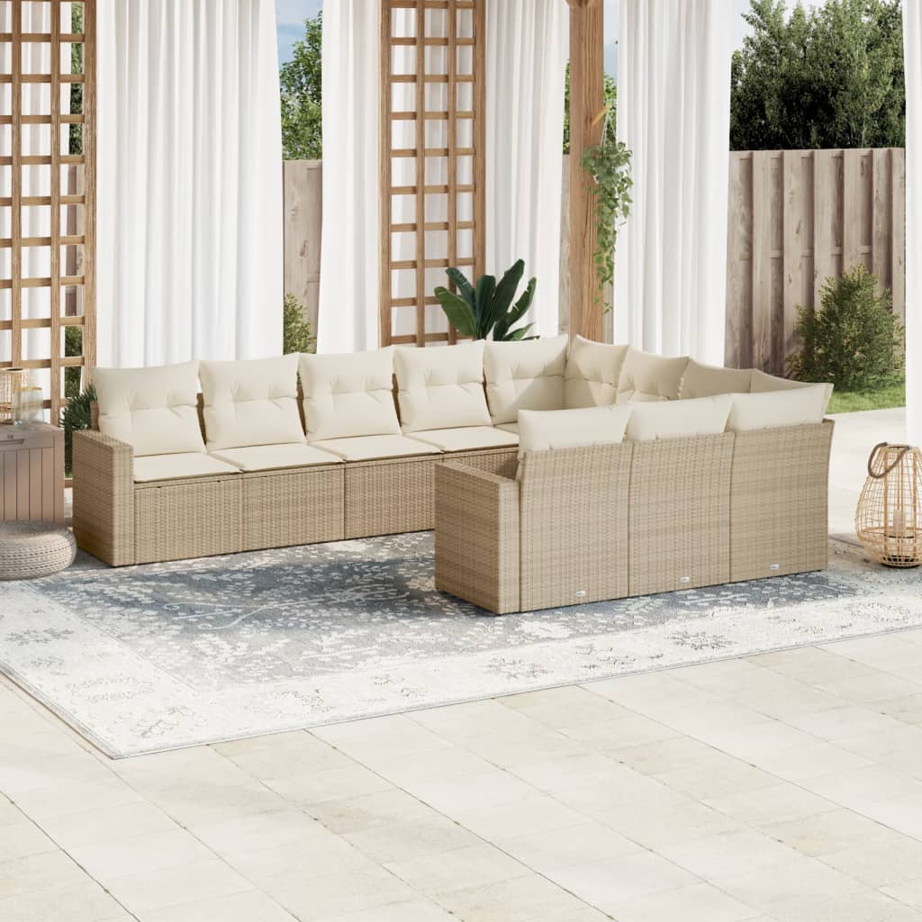 10-piece garden sofa set with cushions, beige poly rattan