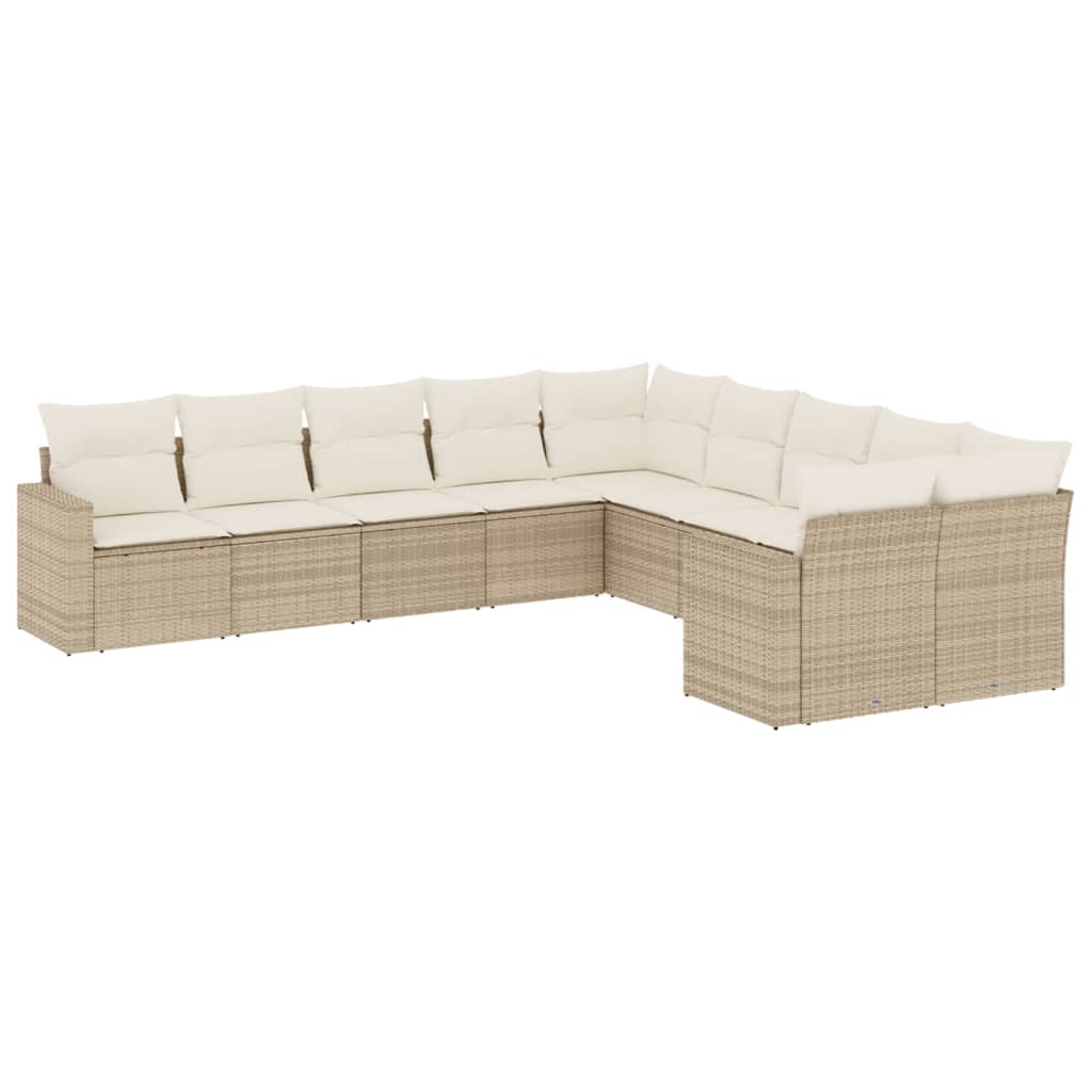 10-piece garden sofa set with cushions, beige poly rattan